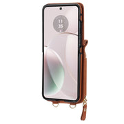For Motorola Razr 40 Rhombic Texture Card Bag Phone Case with Dual Lanyard(Brown)