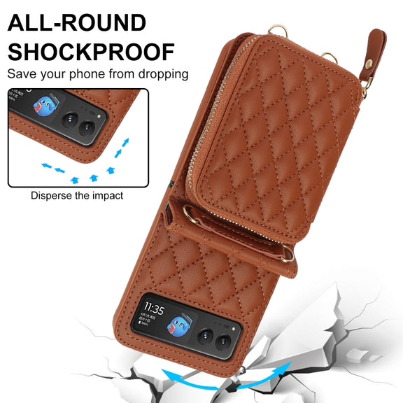 For Motorola Razr 40 Rhombic Texture Card Bag Phone Case with Dual Lanyard(Brown)