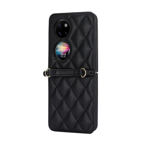 For Huawei P50 Pocket Rhombic Texture Card Bag Phone Case with Dual Lanyard(Black)