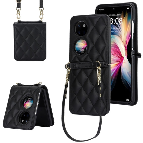 For Huawei P50 Pocket Rhombic Texture Card Bag Phone Case with Dual Lanyard(Black)