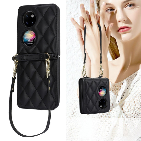 For Huawei P50 Pocket Rhombic Texture Card Bag Phone Case with Dual Lanyard(Black)