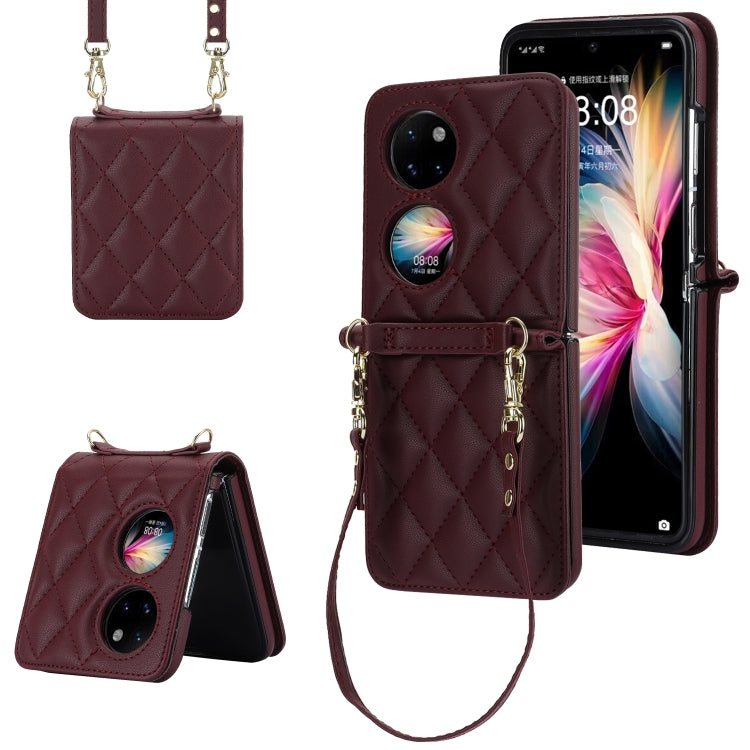 For Huawei P50 Pocket Rhombic Texture Card Bag Phone Case with Dual Lanyard(Burgundy) - free shipping - PMC TechLife - Order now!