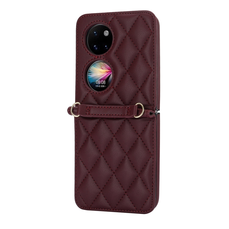 For Huawei P50 Pocket Rhombic Texture Card Bag Phone Case with Dual Lanyard(Burgundy)
