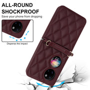 For Huawei P50 Pocket Rhombic Texture Card Bag Phone Case with Dual Lanyard(Burgundy)