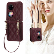For Huawei P50 Pocket Rhombic Texture Card Bag Phone Case with Dual Lanyard(Burgundy)