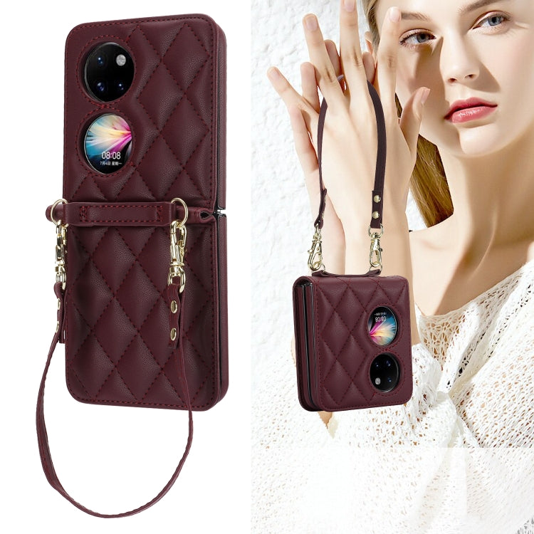 For Huawei P50 Pocket Rhombic Texture Card Bag Phone Case with Dual Lanyard(Burgundy)