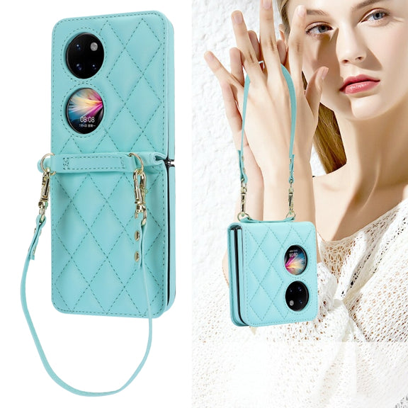 For Huawei P50 Pocket Rhombic Texture Card Bag Phone Case with Dual Lanyard(Green)