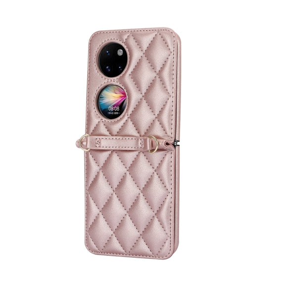 For Huawei P50 Pocket Rhombic Texture Card Bag Phone Case with Dual Lanyard(Rose Gold)