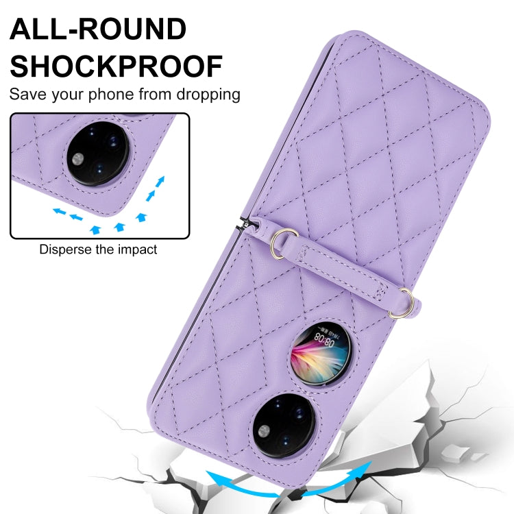 For Huawei P50 Pocket Rhombic Texture Card Bag Phone Case with Dual Lanyard(Purple)