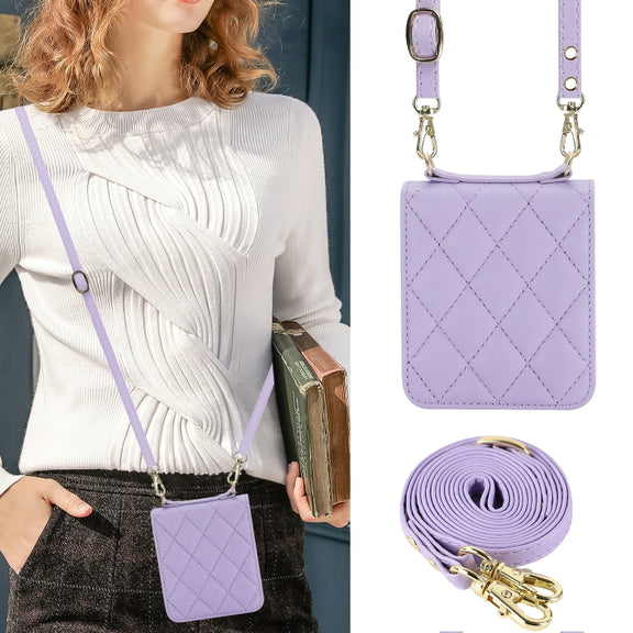 For Huawei P50 Pocket Rhombic Texture Card Bag Phone Case with Dual Lanyard(Purple)