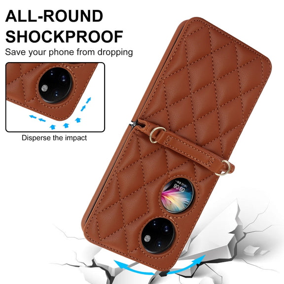 For Huawei P50 Pocket Rhombic Texture Card Bag Phone Case with Dual Lanyard(Brown)