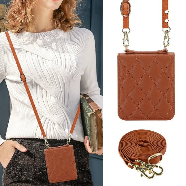 For Huawei P50 Pocket Rhombic Texture Card Bag Phone Case with Dual Lanyard(Brown)