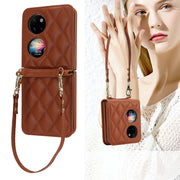For Huawei P50 Pocket Rhombic Texture Card Bag Phone Case with Dual Lanyard(Brown)
