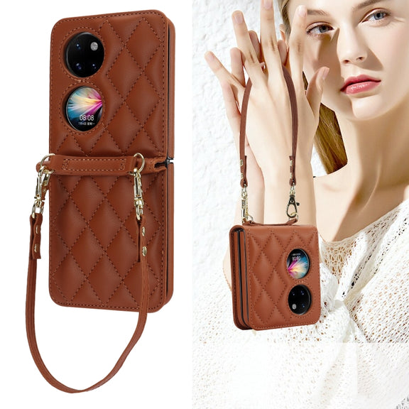 For Huawei P50 Pocket Rhombic Texture Card Bag Phone Case with Dual Lanyard(Brown)