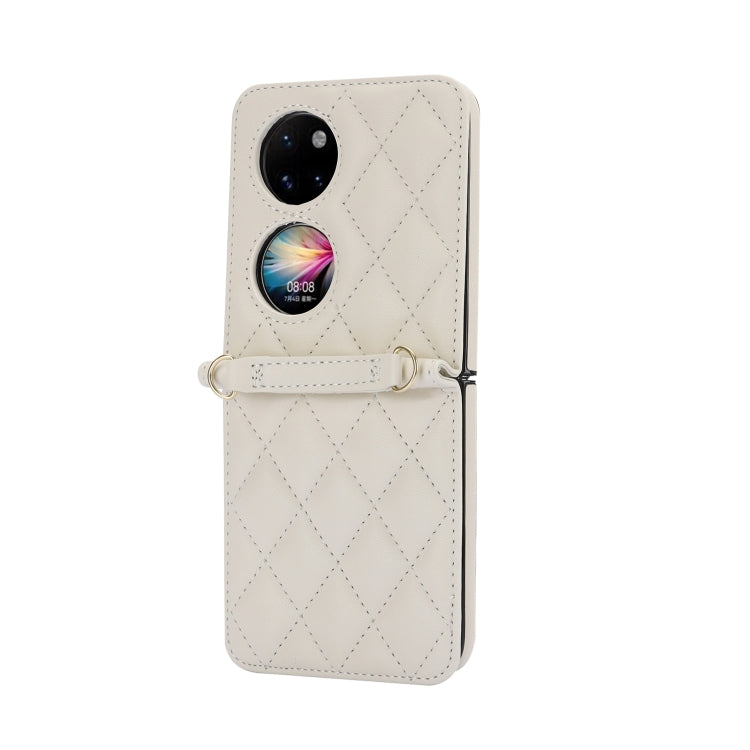 For Huawei P50 Pocket Rhombic Texture Card Bag Phone Case with Dual Lanyard(White)