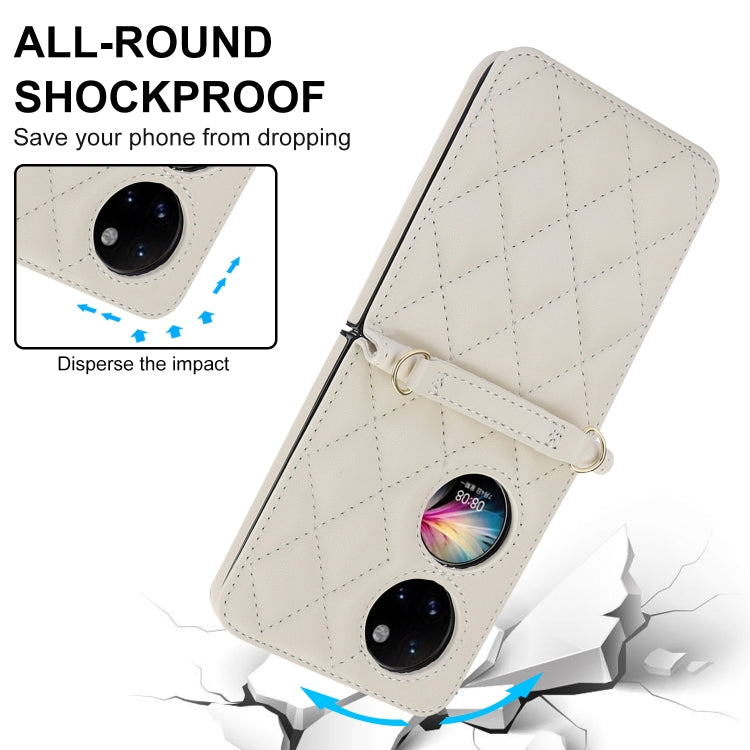 For Huawei P50 Pocket Rhombic Texture Card Bag Phone Case with Dual Lanyard(White)