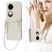 For Huawei P50 Pocket Rhombic Texture Card Bag Phone Case with Dual Lanyard(White)