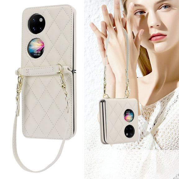 For Huawei P50 Pocket Rhombic Texture Card Bag Phone Case with Dual Lanyard(White)