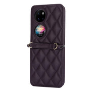 For Huawei P50 Pocket Rhombic Texture Card Bag Phone Case with Dual Lanyard(Dark Purple)