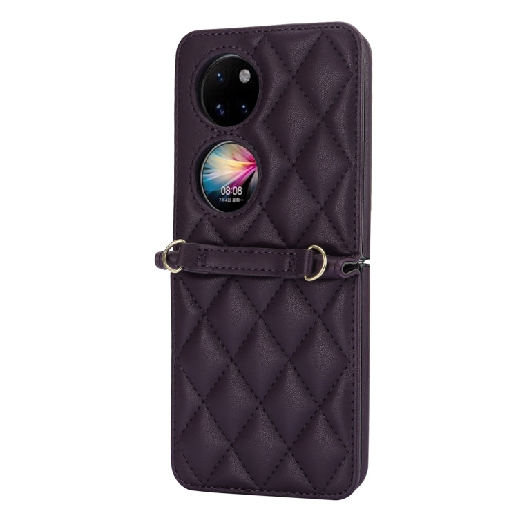 For Huawei P50 Pocket Rhombic Texture Card Bag Phone Case with Dual Lanyard(Dark Purple)