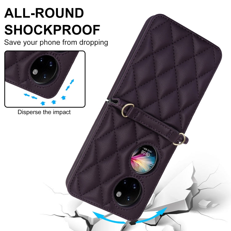 For Huawei P50 Pocket Rhombic Texture Card Bag Phone Case with Dual Lanyard(Dark Purple)