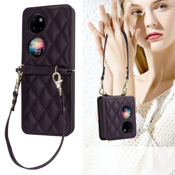 For Huawei P50 Pocket Rhombic Texture Card Bag Phone Case with Dual Lanyard(Dark Purple)