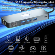 BYL-2309 Type-C to HDMI 4K 60Hz + DP HD + VGA + RJ47 + USB3.2 + Audio 3.5mm + PD100W + SD + TF Docking Station HUB