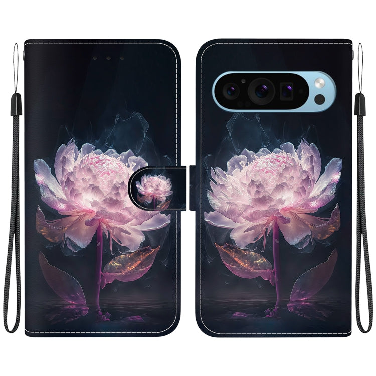 For Google Pixel 9 Pro Crystal Texture Colored Drawing Leather Phone Case(Purple Peony) - Google Cases by PMC TechLife | Online Shopping South Africa | PMC TechLife | Buy Now Pay Later Mobicred