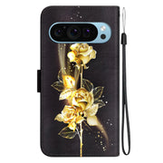 For Google Pixel 9 Pro Crystal Texture Colored Drawing Leather Phone Case(Gold Butterfly Rose)