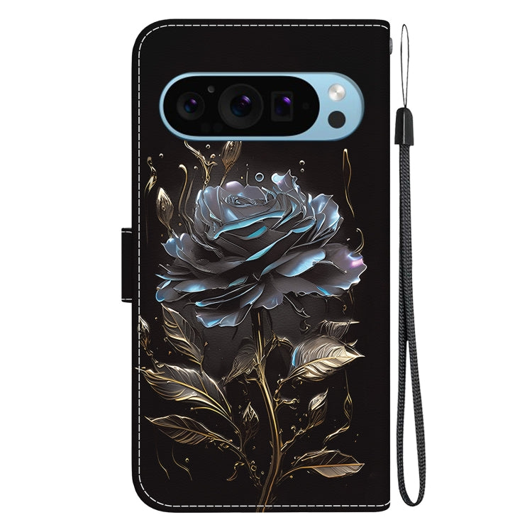 For Google Pixel 9 Pro Crystal Texture Colored Drawing Leather Phone Case(Black Rose)