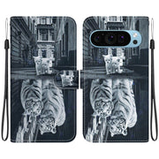 For Google Pixel 9 Pro Crystal Texture Colored Drawing Leather Phone Case(Cat Tiger Reflection)