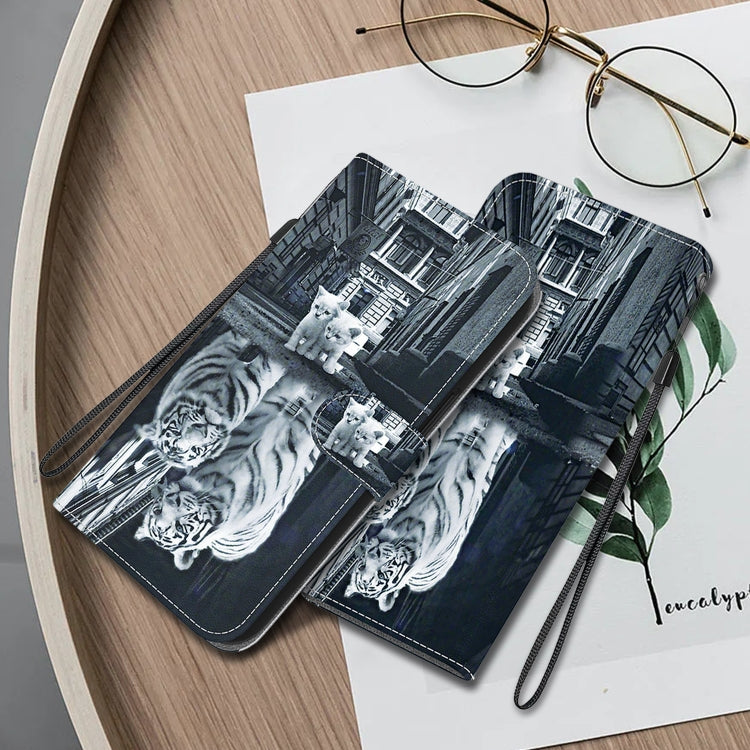 For Google Pixel 9 Pro Crystal Texture Colored Drawing Leather Phone Case(Cat Tiger Reflection)