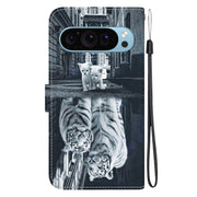 For Google Pixel 9 Pro Crystal Texture Colored Drawing Leather Phone Case(Cat Tiger Reflection)