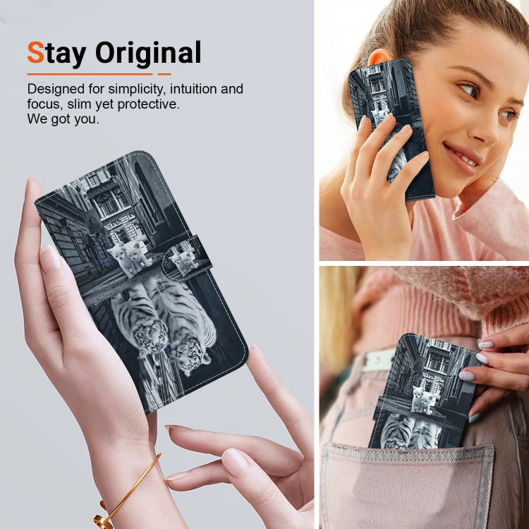 For Google Pixel 9 Pro Crystal Texture Colored Drawing Leather Phone Case(Cat Tiger Reflection)