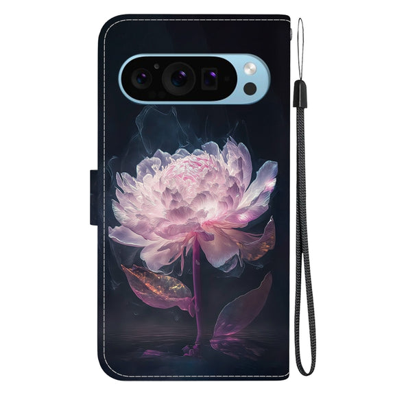 For Google Pixel 9 Crystal Texture Colored Drawing Leather Phone Case(Purple Peony)