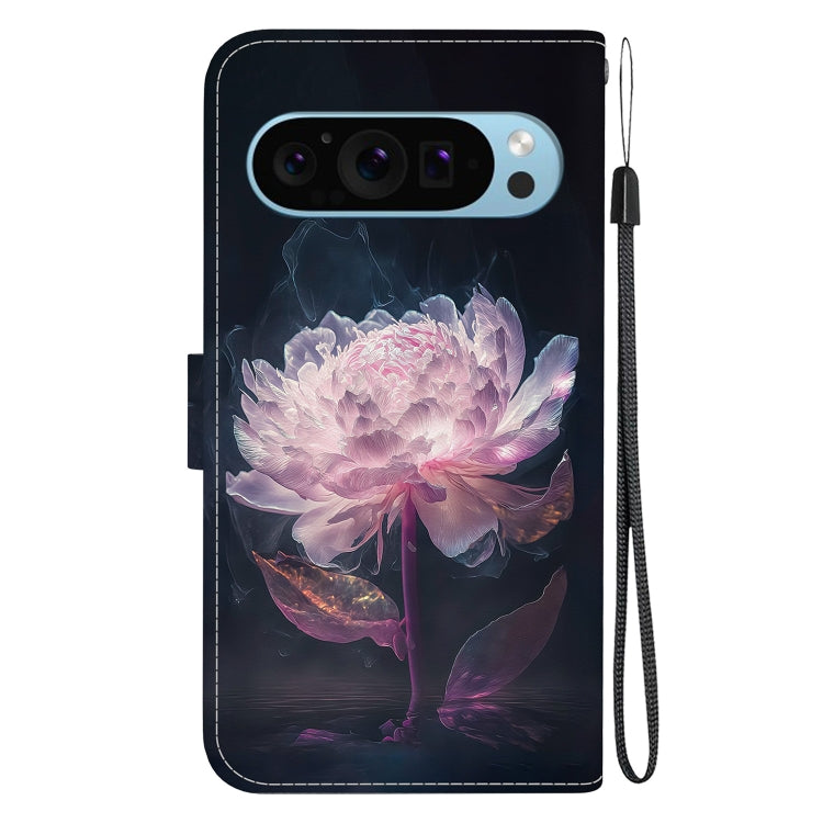For Google Pixel 9 Crystal Texture Colored Drawing Leather Phone Case(Purple Peony)