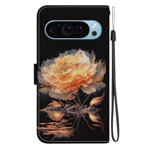 For Google Pixel 9 Crystal Texture Colored Drawing Leather Phone Case(Gold Peony)