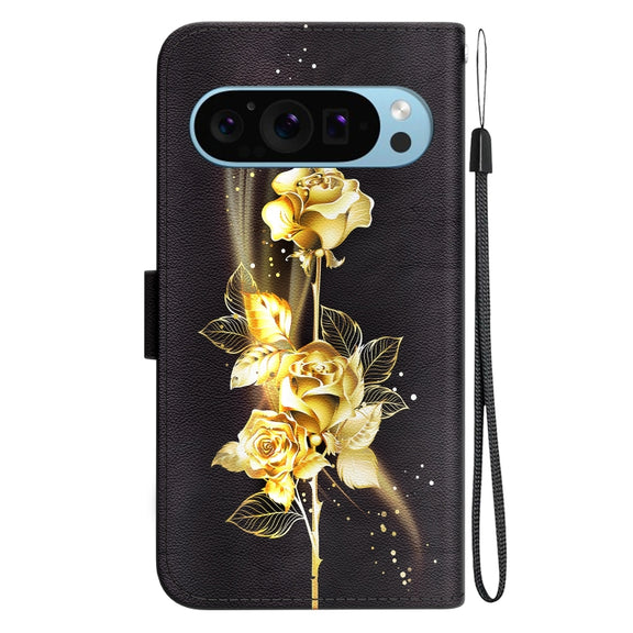 For Google Pixel 9 Crystal Texture Colored Drawing Leather Phone Case(Gold Butterfly Rose)