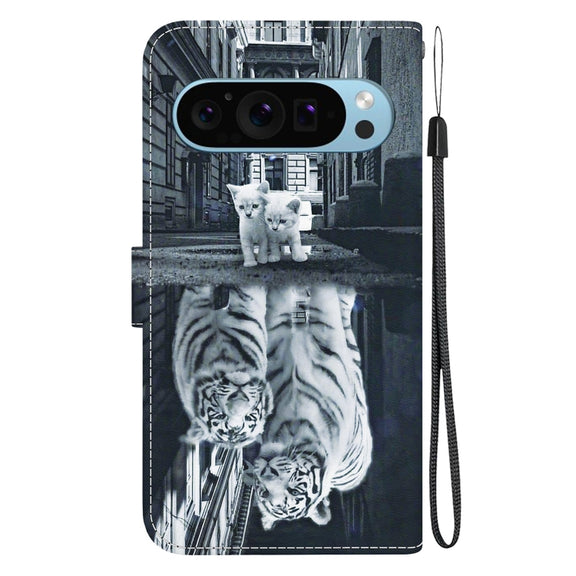 For Google Pixel 9 Crystal Texture Colored Drawing Leather Phone Case(Cat Tiger Reflection)