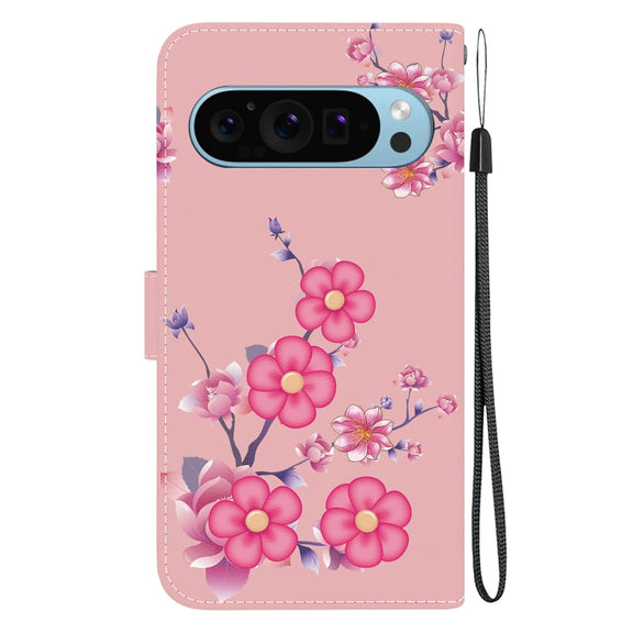 For Google Pixel 9 Crystal Texture Colored Drawing Leather Phone Case(Cherry Blossoms)