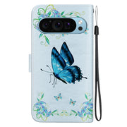 For Google Pixel 9 Crystal Texture Colored Drawing Leather Phone Case(Blue Pansies)
