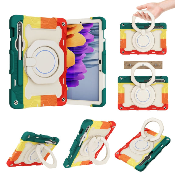 For Samsung Galaxy Tab S9 Armor Portable Rotating Ring Holder Silicone Tablet Case(Colorful Red)