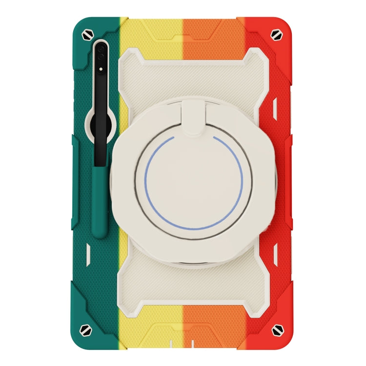 For Samsung Galaxy Tab S9 Ultra Armor Portable Rotating Ring Holder Silicone Tablet Case(Colorful Red)