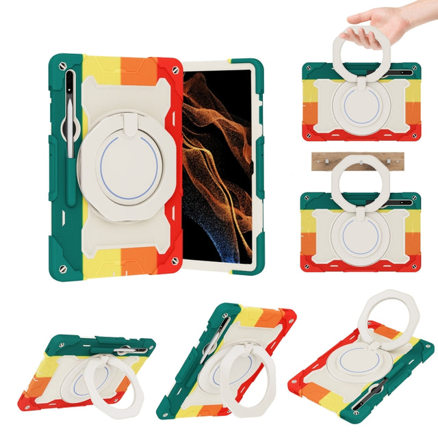 For Samsung Galaxy Tab S9 Ultra Armor Portable Rotating Ring Holder Silicone Tablet Case(Colorful Red)