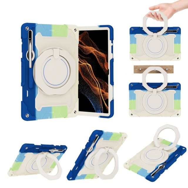For Samsung Galaxy Tab S9 Ultra Armor Portable Rotating Ring Holder Silicone Tablet Case(Colorful Blue)