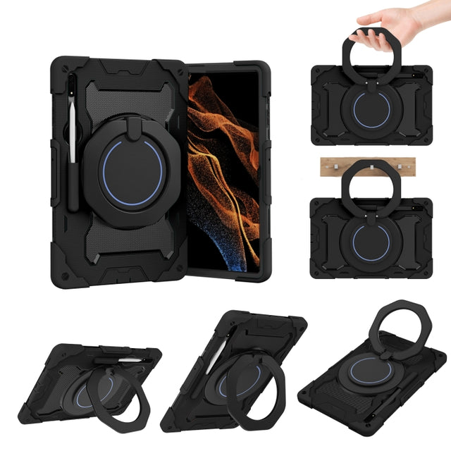 For Samsung Galaxy Tab S9 Ultra Armor Portable Rotating Ring Holder Silicone Tablet Case(Black)