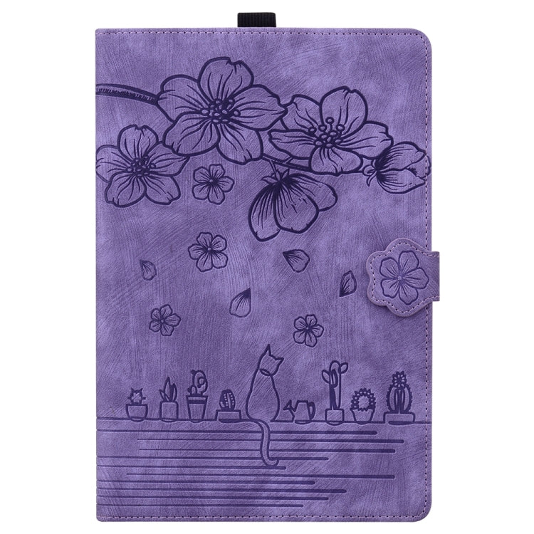 For iPad Pro 11 2024 Cartoon Sakura Cat Embossed Smart Leather Tablet Case(Purple)