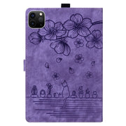 For iPad Pro 11 2024 Cartoon Sakura Cat Embossed Smart Leather Tablet Case(Purple)