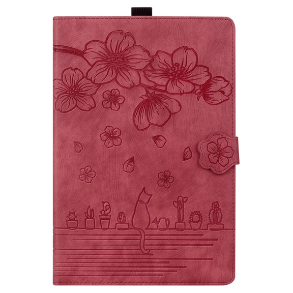 For iPad Pro 13 2024 Cartoon Sakura Cat Embossed Smart Leather Tablet Case(Red)
