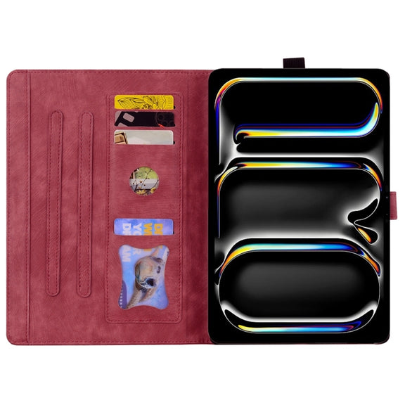 For iPad Pro 13 2024 Cartoon Sakura Cat Embossed Smart Leather Tablet Case(Red)